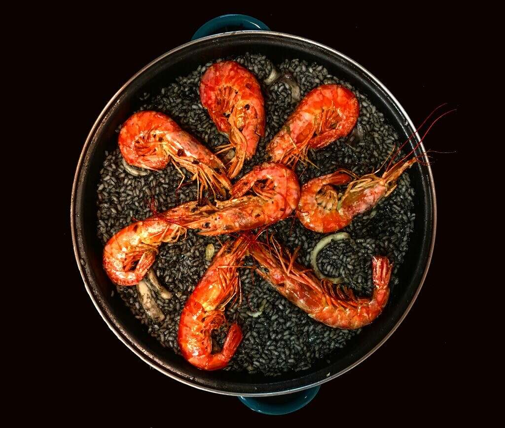 paella, black rice, spanish cuisine
